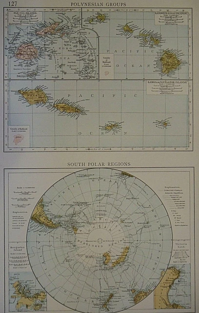 VINTAGE 1900 ATLAS Map SOUTH POLAR REGIONS POLYNESIAN GROUP Old vintage-1900-atlas-map-south-polar-regions-polynesian-group-old