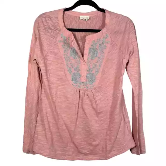 Meadow Rue Anthropologie Small Pink Silver Embroidered Long Sleeve Shirt