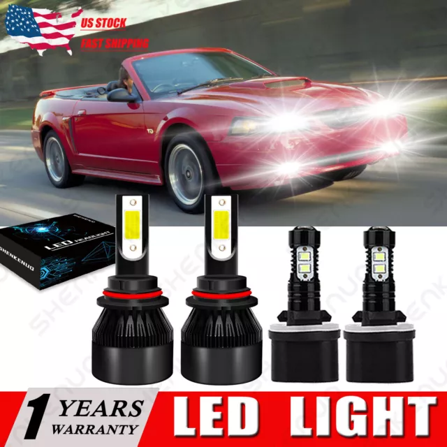 For Ford Mustang Gt Svt Cobra 1994-2004 COB 6000K LED Headlight Hi/Lo+Fog Lights