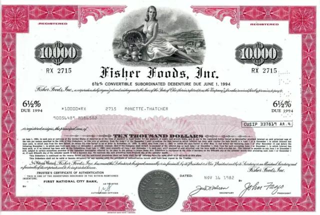 Fisher Foods Inc. 1982, 6 1/2% Convertible Subord. Debenture due 1994 (10.000 $)