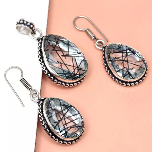 Rutile 925 Silver Golden Set EarRings Jewelry 18-22'' Pendant Quartz Sterling