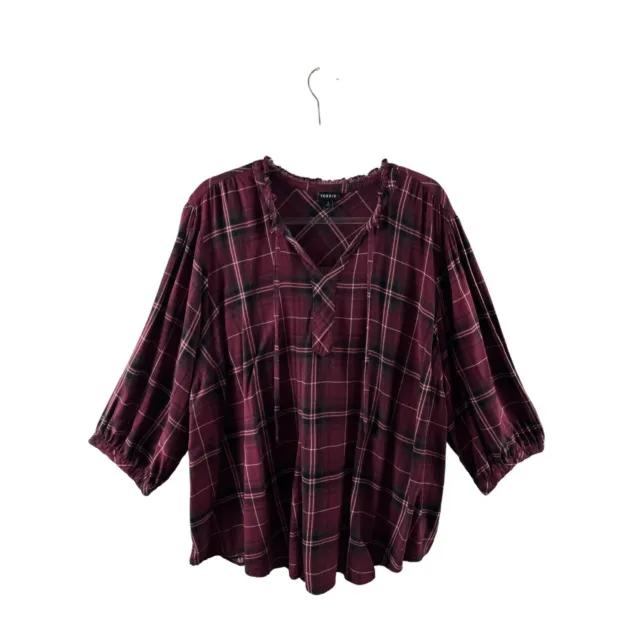 Torrid Twill Plaid Peasant Ruffle 3/4 Sleeve Blouse Size 4X Maroon Rayon Fall