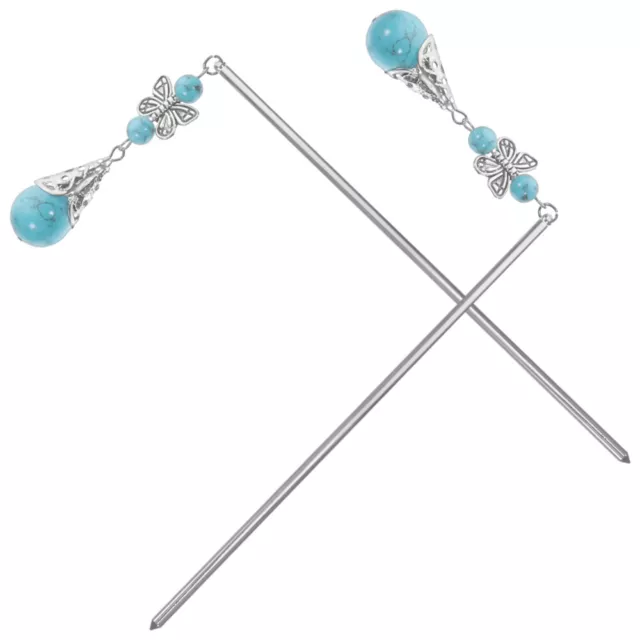 2 Pcs Flower Hairpin Alloy Stick Women Chopsticks Japanese Vintage