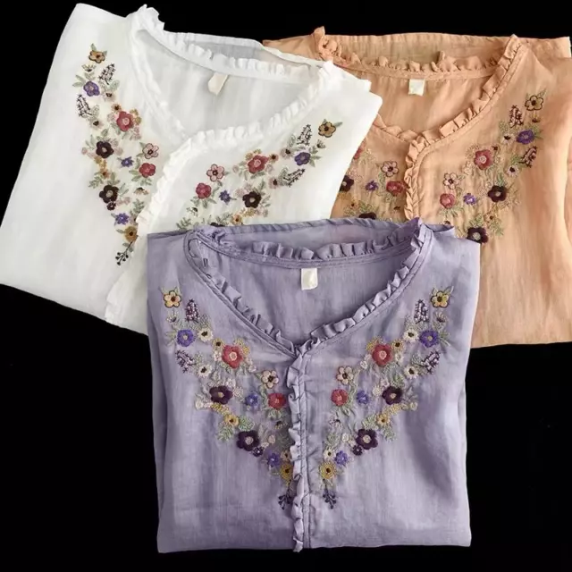Cinese Donna Stile Etnico Cotone Lino Camicia Floreale Ricamo Sottile Camicetta