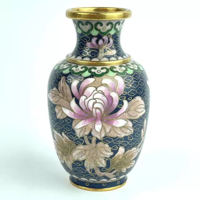Chinese Enamel Cloisonne Floral Small Vase Vtg  4” Tall Pink Blue Green Marked