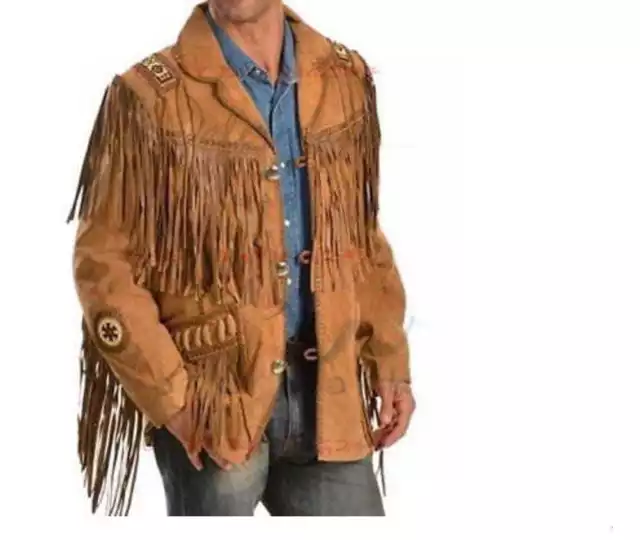 Men Suede Western Style Cowboy Leather Jacket With Fringe & Bead Work -Tan Brown