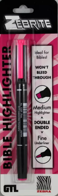 Zebrite Double Ended Highlighter Carded Pink NEW Medium & Fine No Bleed Thru