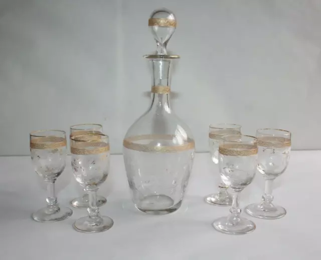 Service à liqueur Napoléon III en verre gravé à l'aiguille 6 verres et carafe