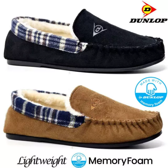 Mens Slippers Dunlop Winter Warm Fur Memory Foam Loafers Slip On Moccasin Shoes