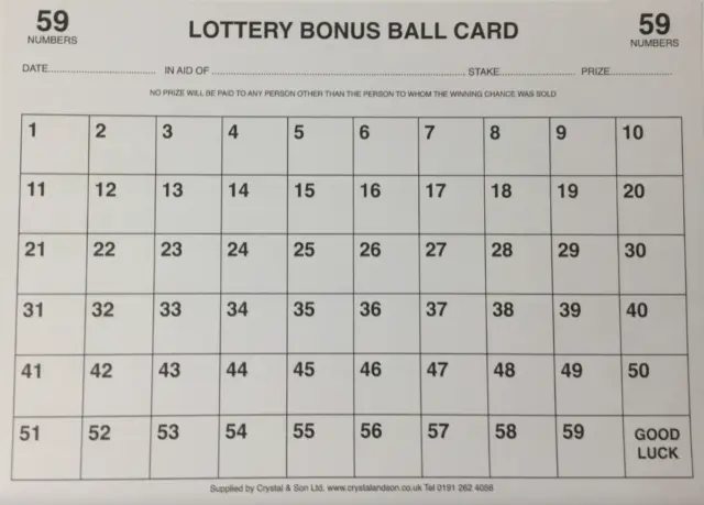 10 X 1 - 59 Bonus Ball Card Lottery Bonus Ball Card Fundraising A4 Double Sided