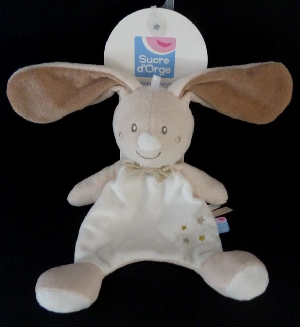 Ni1. DOUDOU PLAT SUCRE D'ORGE LAPIN blanc beige étoile noeud pap' 100% NEUF