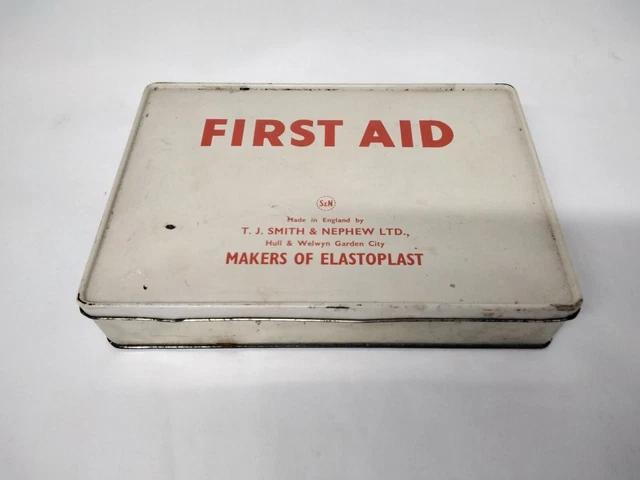 Vintage T.J Smith & Nephew White First Aid Medicine Tin. Makers Of Elastoplast