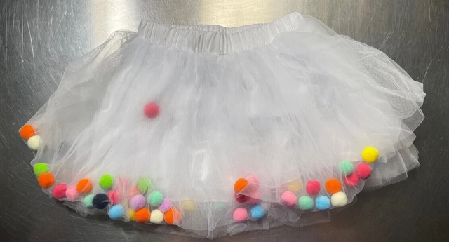 Girls Medium Solid White With Colorful Pompon Balls Tutu Skirt Ballet Dress NWOT