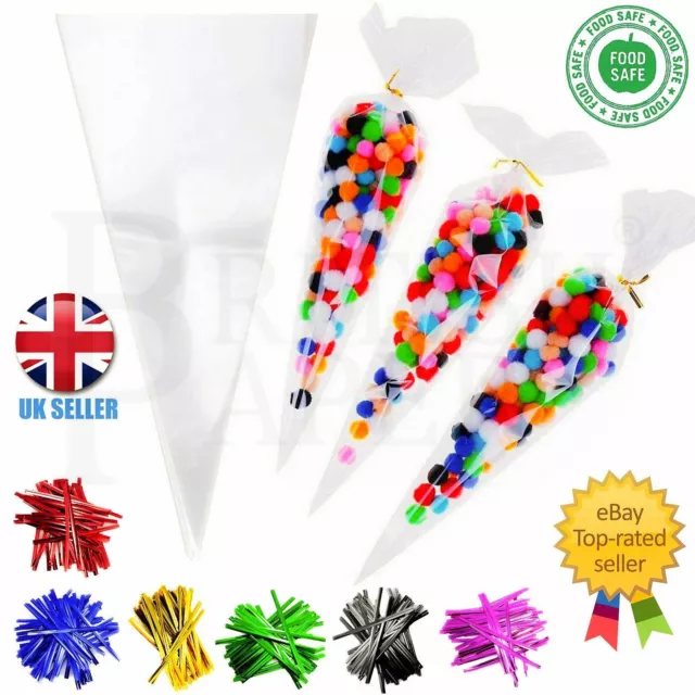 Clear Cello Cone Large Bags Sweet Treat Candy Kid Party Favour Cellophane + Ties 3