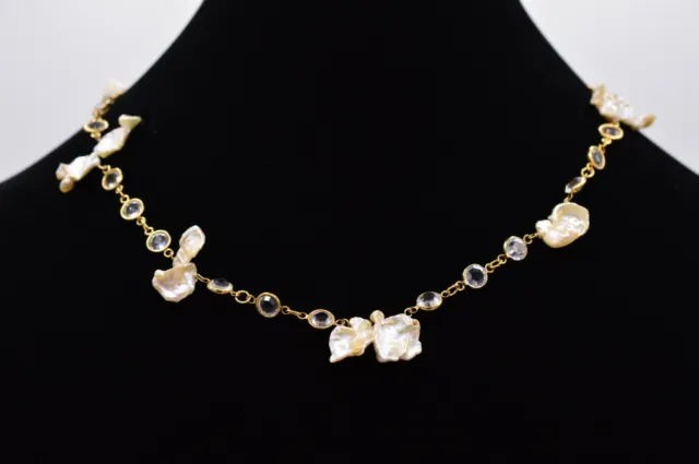 Austrian Crystal Open Bezel Necklace Clear Crystal Mother Pearl Gold Shiny Bin6B