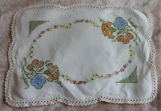 Vintage Large Linen Embroidered Floral Doily