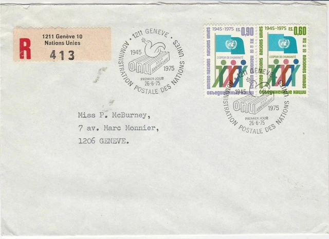 Geneva United Nations 1975 Registered stamps cover ref 21699