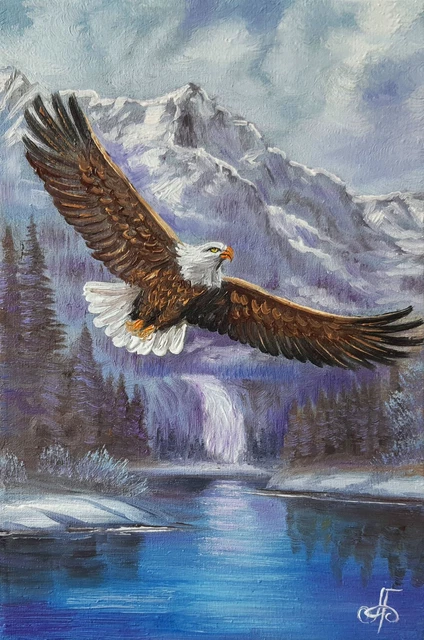 ORIGINAL OIL EAGLE Painting Mountain Wildlife Bird Hand Painted Canvas ...