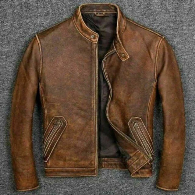 Men's Vintage Motorcycle Biker Brown Distressed Cafe Racer Real Leather Jacket