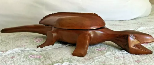 Caribbean Reptile Lidded Bowl Wooden with 19" Wood Lizard Hand Carved