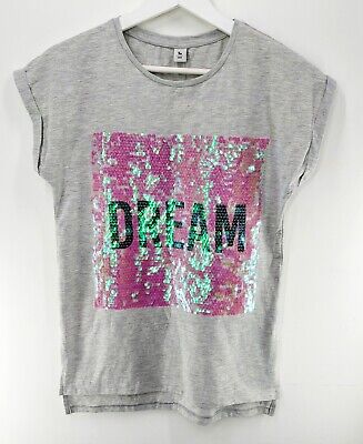 Tu Girls Age 14 Years Dream Graphic Sequined T Shirt New Grey H164Cm
