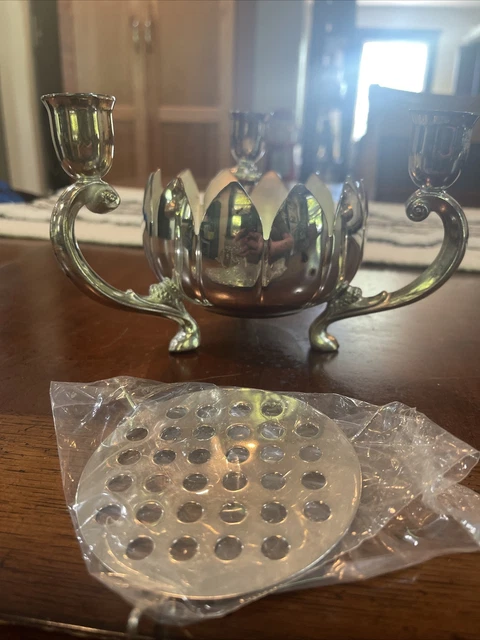 Vintage Leonard Silver Plate Lotus Flower Bowl 3 Candle Stick Holder