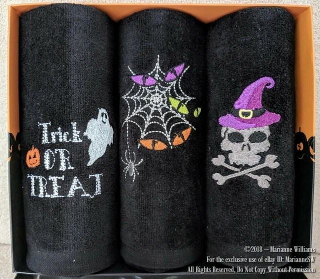 New 3 Pack Halloween Black Fingertip Towels Spiderweb Skull & Bones Trick Treat