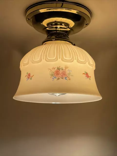 Brass Antique Vtg Art Deco Victorian Flush Mount Ceiling Light Pink Floral Glass