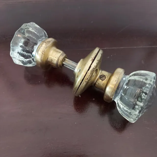 1 One Vintage Pair Reclaimed Cut Faceted Glass Gold Door Knobs Handles Rim Lock