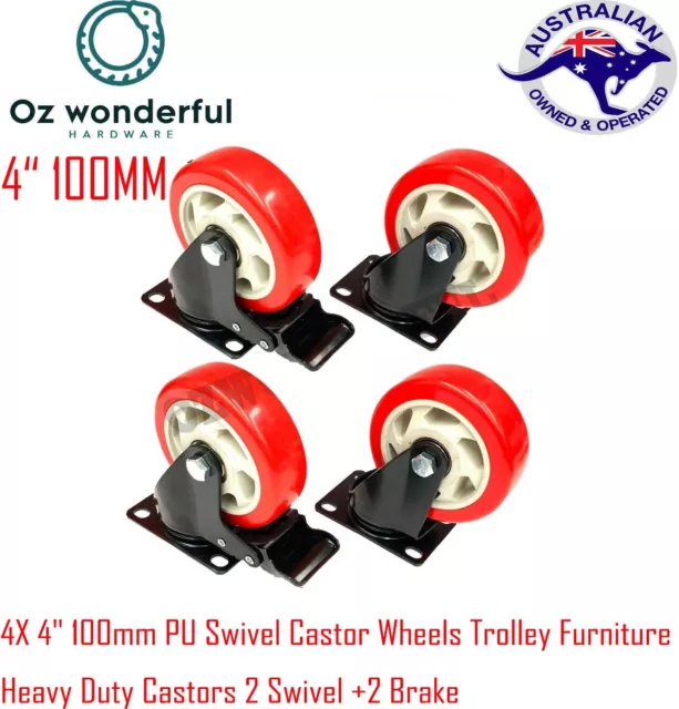 4X 4" 100mm PU Swivel Castor Wheels Trolley Furniture Heavy Duty Castors 2 Brake