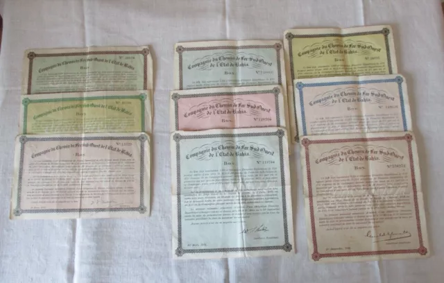 Lot De 9 Bons Porteurs Cie Chemin De Fer Sued Ouest Etat Bahia 1915-1923