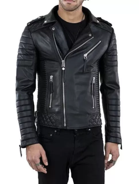 Abez Black Men's Leather Quilted Biker Jacket Real Lambskin Motorcycle Coat