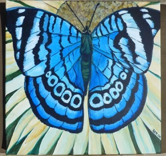 Blue Butterfly on Daisy Hand-painted Original 16" Acrylic Canvas RAMfish Artist