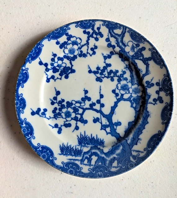 VINTAGE JAPANESE BLUE White Porcelain Plate Prunus Blossom Character ...