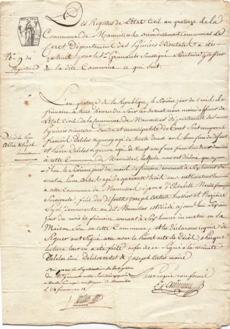 Vieux Papier 1805 Acte Civil De Deces Maureillas Po 66 Filigrane Timbre National