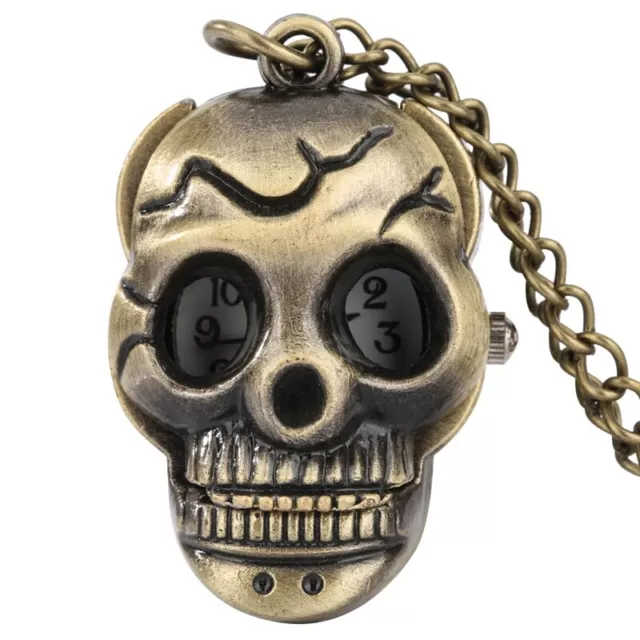Bronze Skull Shaped Pocket Watch with Necklace Chain for Women Men Cosplay Gifts