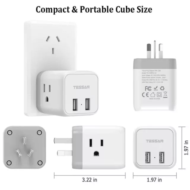 Power Plug Adapter with 3 Outlet 2 USB US Travel to Australia Argentina China 3