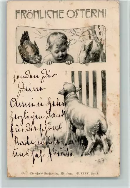 10155874 - Stroefer Serie XXXV Nr. 3 - Kind mit einem Lamm AK Ostern 1900
