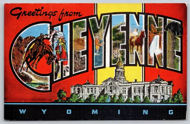 Postcard Greetings from Cheyenne Wyoming large letter (red/yellow) O132