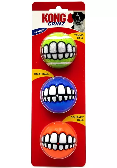 KONG Grinz Variety 3 Pack Balls Med Tennis, Treat & Squeaky Dog Fetch Toys 2.5"