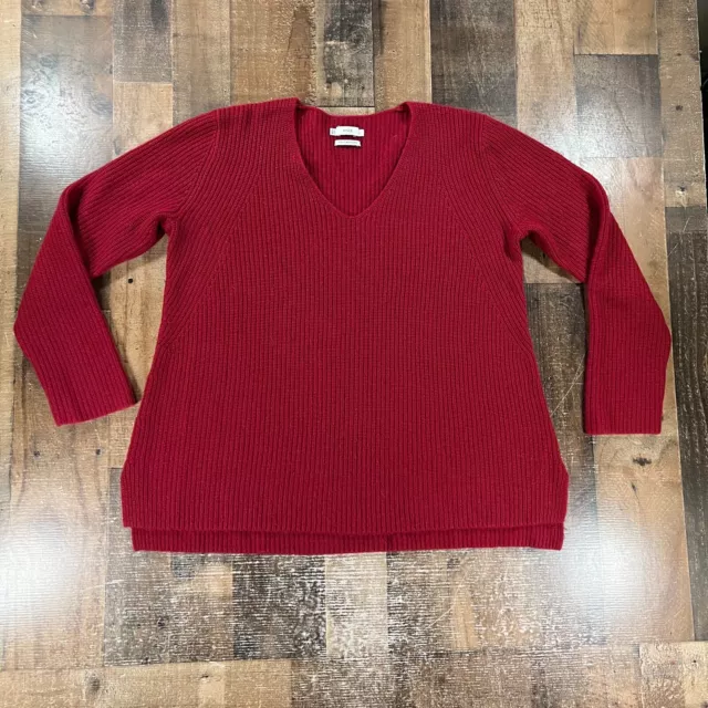 Vince Womens Sweater Large Red Cashmere Ribbed V Neck Career Casual Pullover