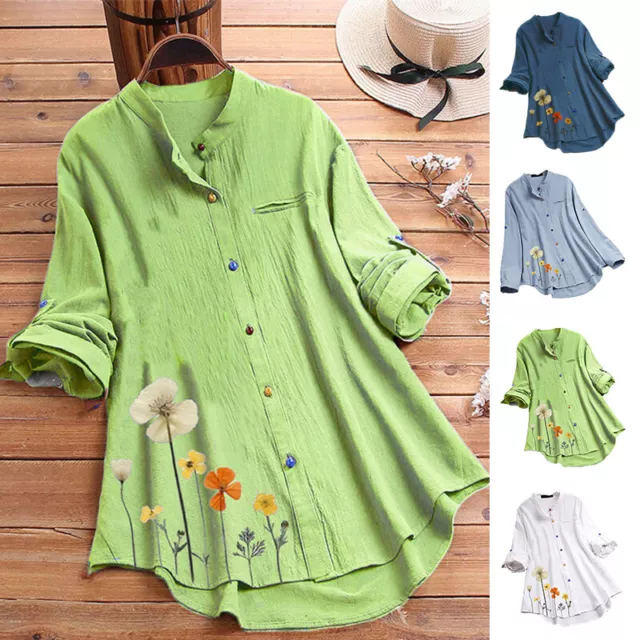 Womens Cotton Linen Tops Blouse Ladies Baggy Long Sleeve Plus Size T-Shirt Tunic