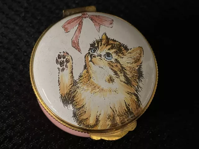 Crummles Enamel Trinket Box ~ "CAT / PINK BOW" ~ England ~ Round 1 3/4" Crummles Enamel Trinket Box ~ "CAT / PINK BOW" ~ England ~ Round 1 3/4"