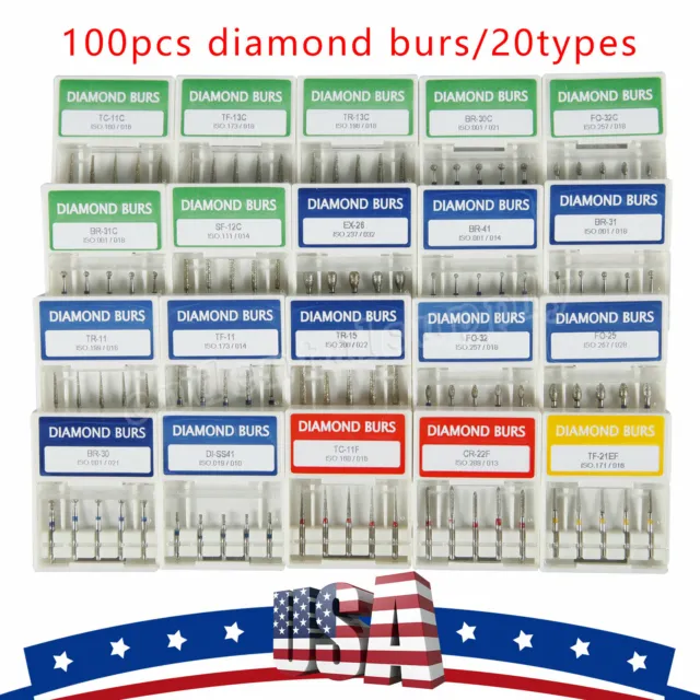 100pcs Fresa de diamante Dental Diamond Bur for High Speed Handpiece FG 1.6mm