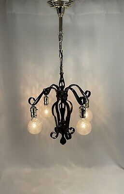 RESTORED Antique Vtg Arts & Crafts Deco Victorian Chandelier Hanging Light 4 Arm