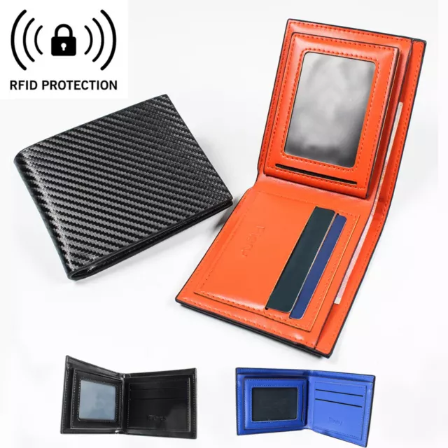 Men's Carbon Fiber Leather Slim Wallet RFID Blocking Bifold ID Card Holder