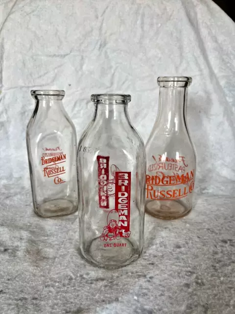 Bridgeman Russell Dairy Glass Milk Quart Bottles, Set of 3 Various Labels