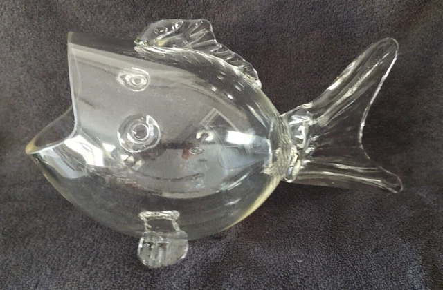 Blenko (?) Hand Blown Clear Art Glass Wide Mouth Fish Vase Bowl 12.5" Long