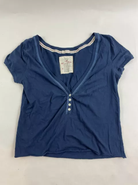 HOLLISTER BLUE HENLEY Embroidered Logo Short Sleeve T Shirt Size S