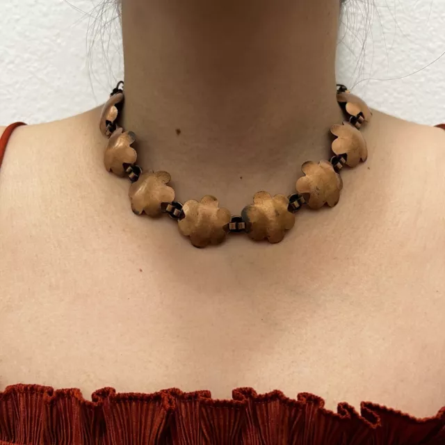 1950’s Copper Costume Choker Necklace Flower Shaped Metal Chain 16” Renoir?
